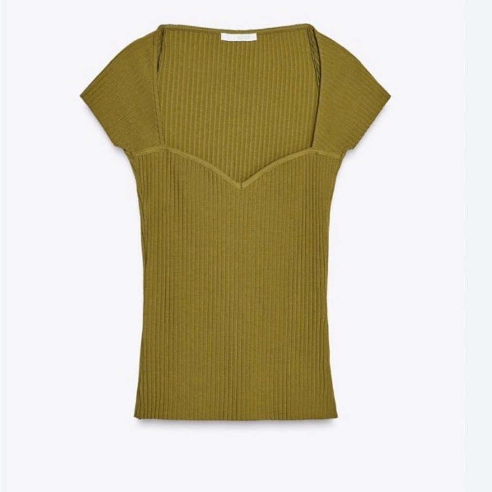 Zara Olive Green Ribbed Short Sleeve Top